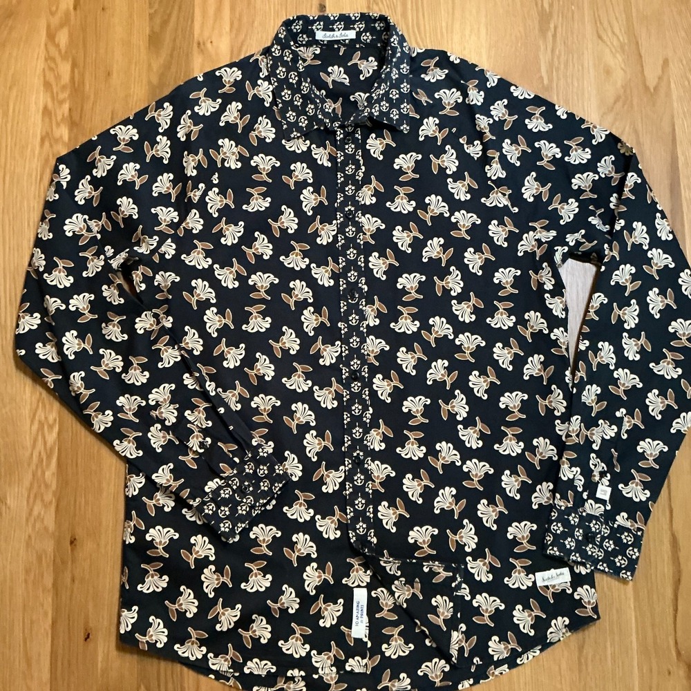 Scotch & Soda Block Print Shirt Large Navy Floral Cotton Button Up Long Sleeve